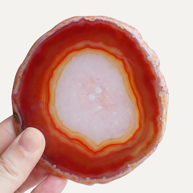 Natural Agate Coasters Set of 4 - Dyed Orange Red Irregular Circle Stone Drink Coasters with Rubber 3-4" Unique Home Decor for Coffee Table Wedding Creative Cards