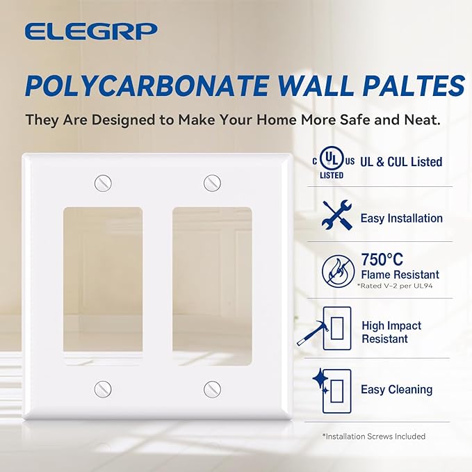 ELEGRP 2-Gang Decorative Wall Plates 2 Pack, Standard Size 4.53" H x 4.57" L Unbreakable Thermoplastic Faceplate Cover for Decorator Receptacle Outlet Switch, UL Listed (Glossy White)
