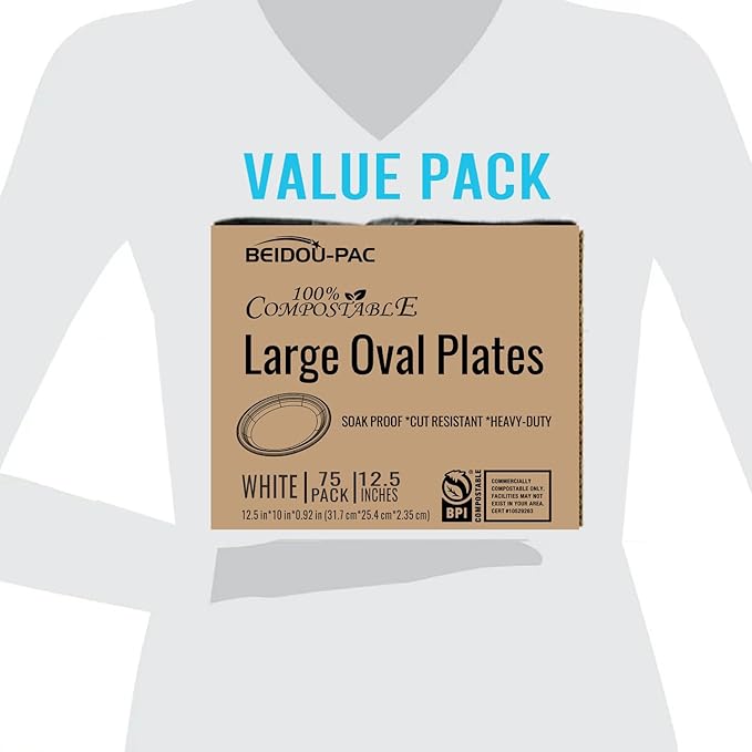 Compostable Heavy Duty Disposable Oval Paper Plates, 75 Count | 12.5 Inch | Natural Bagasse, Biodegradable Eco-Friendly Sugarcane BBQ, Party, Gathering, Picnic White Sugarcane Tray