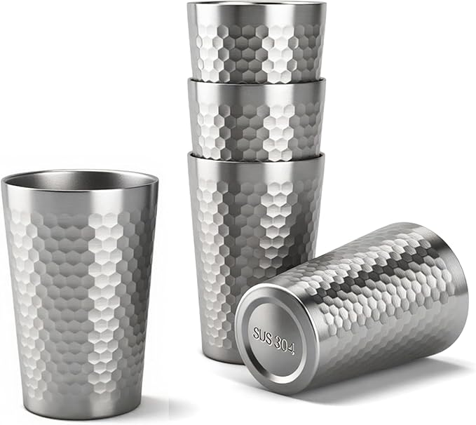 5 Pcs 12 oz Honeycomb Small Metal Cup, Double Wall Vacuum Stainless Steel Insulated Cup, Reusable Camping Cups Unbreakable Indoor Outdoor for Party, Home, Office, BBQ, Silver