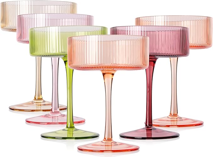 9 oz Colored Coupe Glasses Set of 6 Ribbed Colorful martini Glasses for espresso dessert