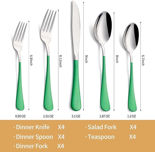 20-Piece Green Silverware Set 18/0 Stainless Steel Silverware Set Green Handle Cutlery Set Service for 4 Dinner Knives Forks Spoons Set Flatware Set Finish Dishwasher Safe…