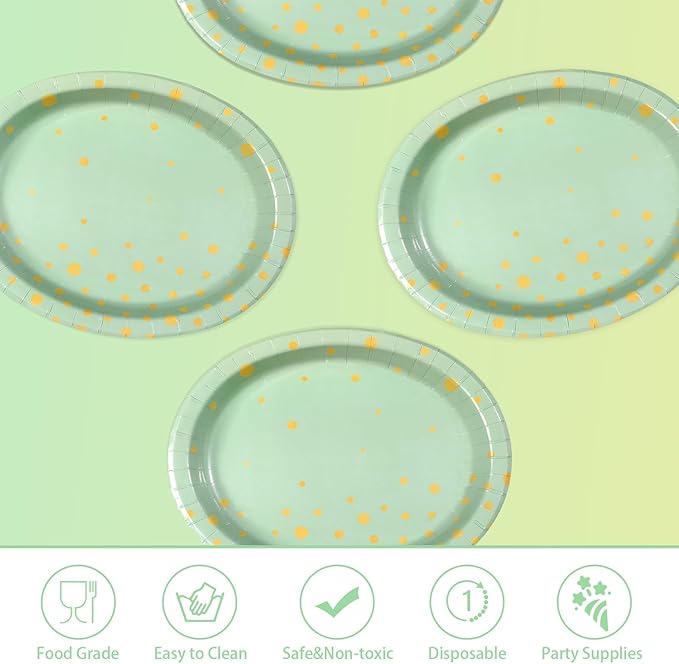 50Pcs Sage Green Oval Paper Plates 10" x 12" Large Disposable Sage Green and Gold Party Supplies Dessert Paper Plates Gold Dot Light Green Platter for Baby Shower Birthday Wedding Party Decorations