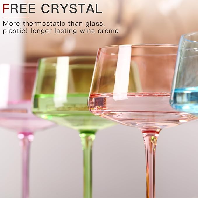 Colored Martini Glasses Set of 6, 13 oz large Coupe Glass, Premium Crystal Cocktail Glasses, Martini Glasses,Champagne Glasses, Handblown Drinkware Set-Wedding,Birthday Gifts