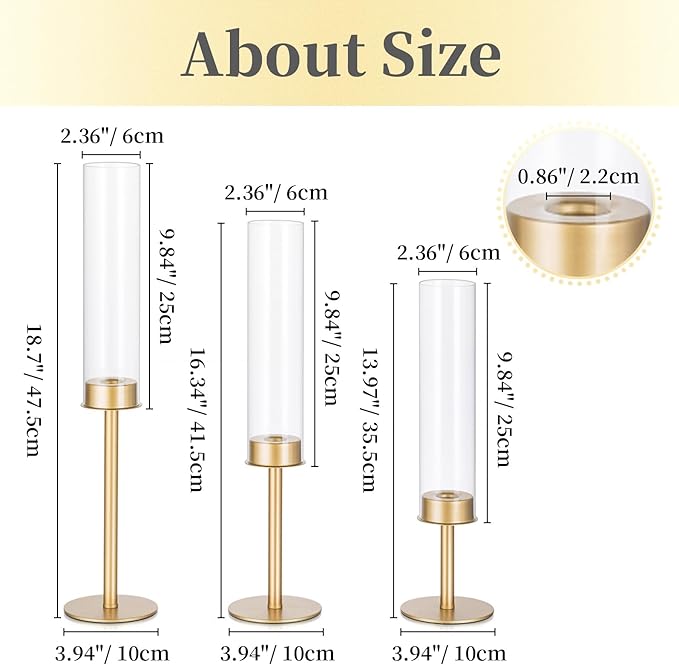 Hewory Gold Candle Holders - 6Pcs Brass Hurricane Candlestick Holders with Glass Candle Cover for Wedding Table Centerpiece Christmas Decor