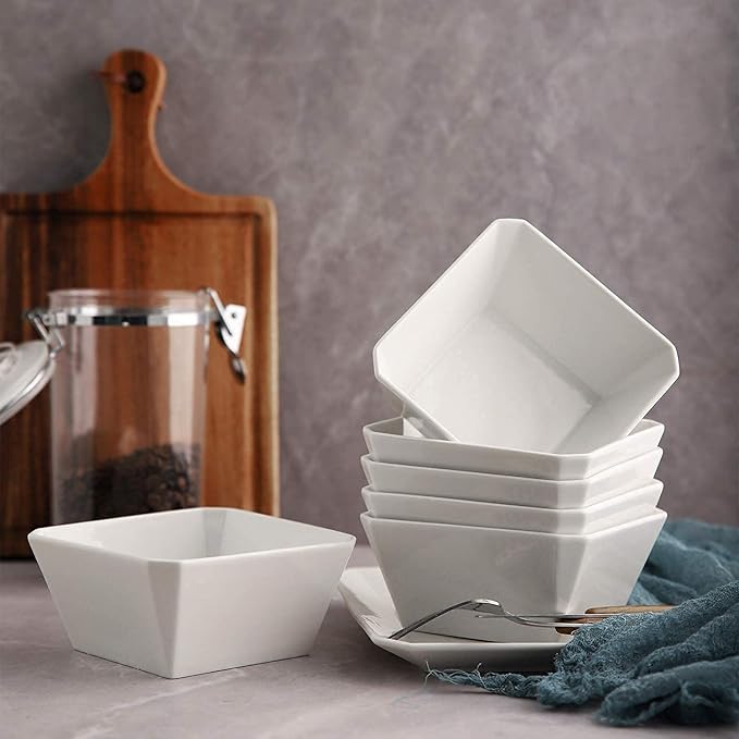 Porcelain Cereal Bowls, 16 oz Square Serving Bowls Set, 5 Inch White Ceramic Bowls for Salad, Soup, Snack, Dessert and Marmalade, Dishwasher & Microwave Safe, Set of 6