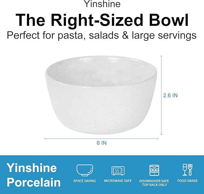 6inch Ceramic Bowl Sets,Stoneware Kitchen Bowl,Porcelain Bowls Set of 4 for Soup, Cereal, Oatmeal, Fruit, Rice - Dishwasher & Microwave Safe,White