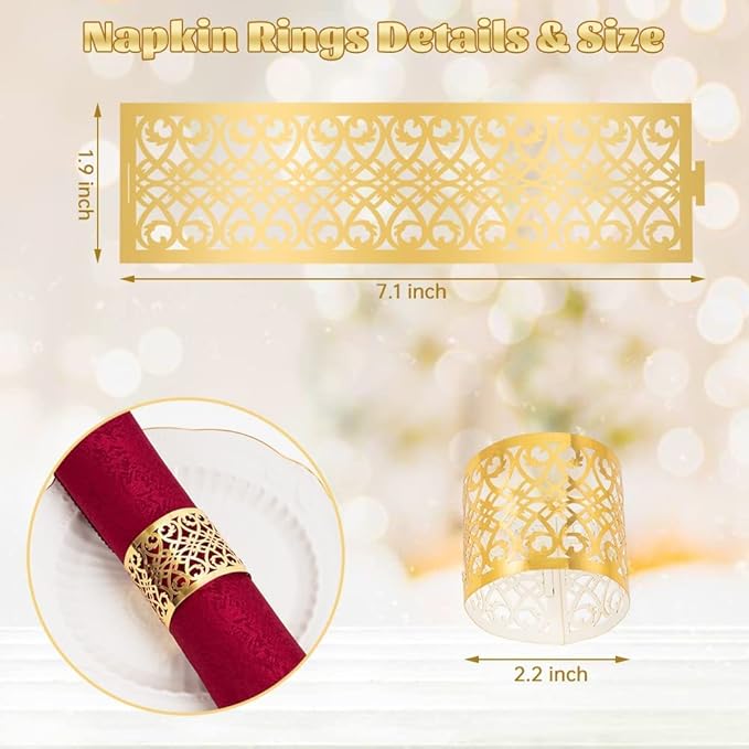 100 Pcs Napkin Rings Laser Cut Premium Paper Napkin Holder for Wedding Party Christmas Dinner Serviette Table Restaurant Celebration (Gold)