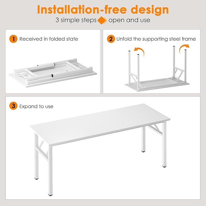 Need Folding Computer Desk, Large 60 inches Folding Table for Home Office, No Install Needed Foldable Writing Table Desk, White