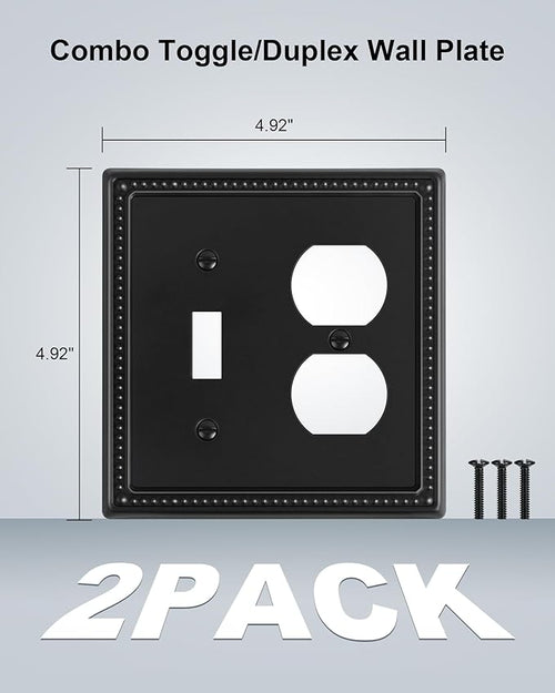 2-Pack Combo Toggle/Duplex Light Switch Cover Plate, Black Metal Wall Outlet Cover Plate, Decorative Beaded Wall Socket Receptacle Cover for Electrical Outlets, Light Switch