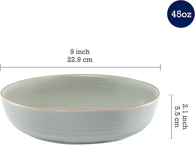 Bico Light Sage Green 45oz Stoneware Pasta Bowls Set, Set of 4, Microwave and Dishwasher Safe, for Spaghetti, Pasta, Soup