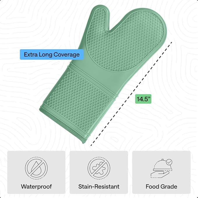 GORILLA GRIP BPA-Free Soft Silicone Oven Mitts, 14.5x8.3, Heat Resistant and Waterproof Cooking Gloves, Thick Cotton Lining, Flexible Gripping for Baking Grilling, Kitchen Potholders Set of 2, Mint