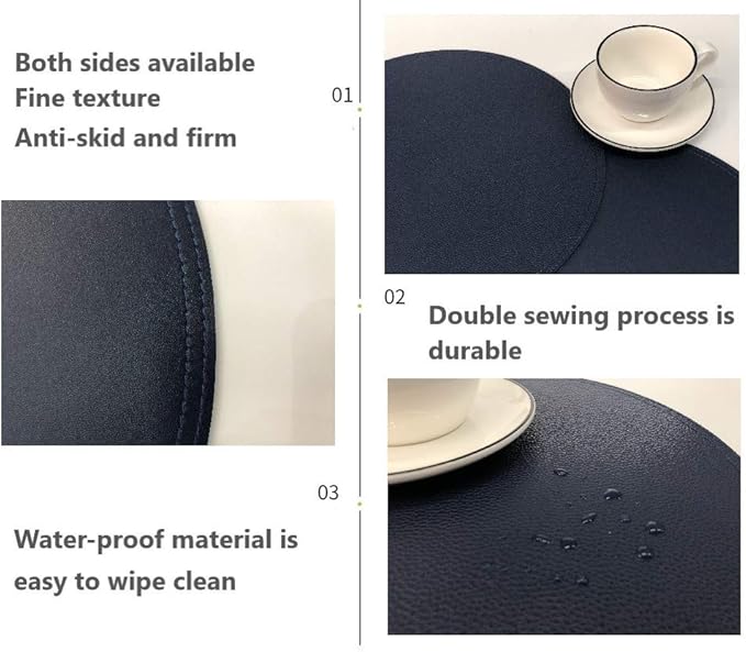 Set of 8 Faux Leather Round Placemats and Coasters, Coffee Mats Kitchen Table Mats, Waterproof, Easy to Clean for Kitchen Dining Round Table