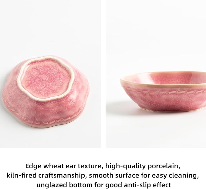 4.4Oz Kiln-Changed Dipping Bowls, 4.3 Inches Ceramic Flower-Shaped Soy Sauce Dishes, Small Appetizer/Side Plates Set of 4 (pink)