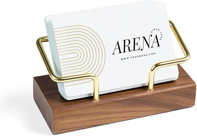 Business Card Holder for Desk, Minimalist Wooden Desk Organizer with Brass Metal Frame, Stylish Office & Home Decor for Professional Card Display(Walnut Rectangle)