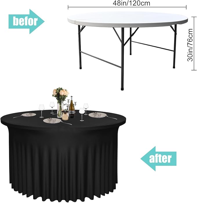 4 Pack Black Round Table Skirt, 48 Inch Diameter x 30 Inch Height, Stretch Polyester Spandex Tablecloth for 4ft Tables, Stain & Wrinkle Resistant for Wedding, Party, Banquet Decor