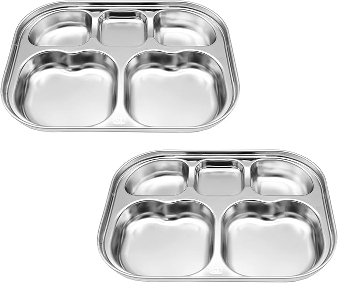 Korean Stainless Steel Divided Plates for Toddlers, Kids, Babies, Premium 304, Electro-Polished, No Black Residue, BPA-Free, 5-Compartment Food Tray, Camping, Picky Eaters, Set of 2