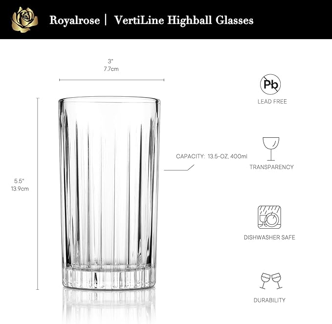Royalrose Premium VertiLine 13.5oz Highball Glasses, 6pc Tall Glass Sets. Lead-Free Crystal Drinking Glasses. Water Glasses, Mojito Glass Cups, and Mixed Drink Cocktail Glass Set. (Tall glasses)