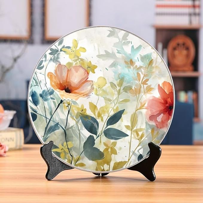 10 Inch Subtle Floral Watercolor Decorative Ceramic Plates with Display Stand Perfect for Office Wall Hanging DP-290705491