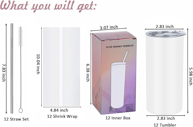 15 Oz Sublimation Tumblers Blank (12 Pack), Skinny Straight Kids Sublimation Tumblers Bulk, Individually Gift Boxed,