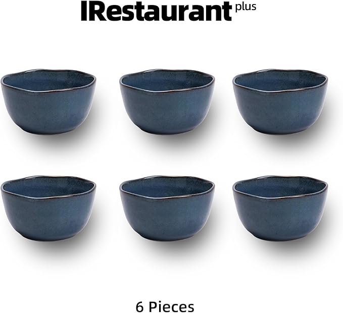 Organic Shape Highland Ceramic Bouillon Cup, 6pcs Handmade Reactive Glaze Stoneware Dip Bowls 9oz with Wavy Edge, for Kitchen, Microwave & Dishwasher Safe, Scratch Resistant-Blue
