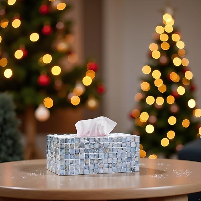 PEMAR Rectangular Mother of Pearl Tissue Box Capiz Shell Handmade Rectangle Tissue Box Cover Holder Decorative Napkin Dispenser Organizer Rustic Farmhouse Vintage Decor (Blue)