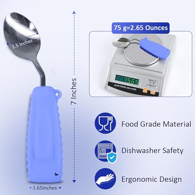 Adaptive Weighted Silverware Utensils Angled Spoon for Hand Tremors Parkinsons,Weighted Utensils with Non-Slip Easy Grip Handles for Independent Eating(Right Hand,Purple,Pack of 1)
