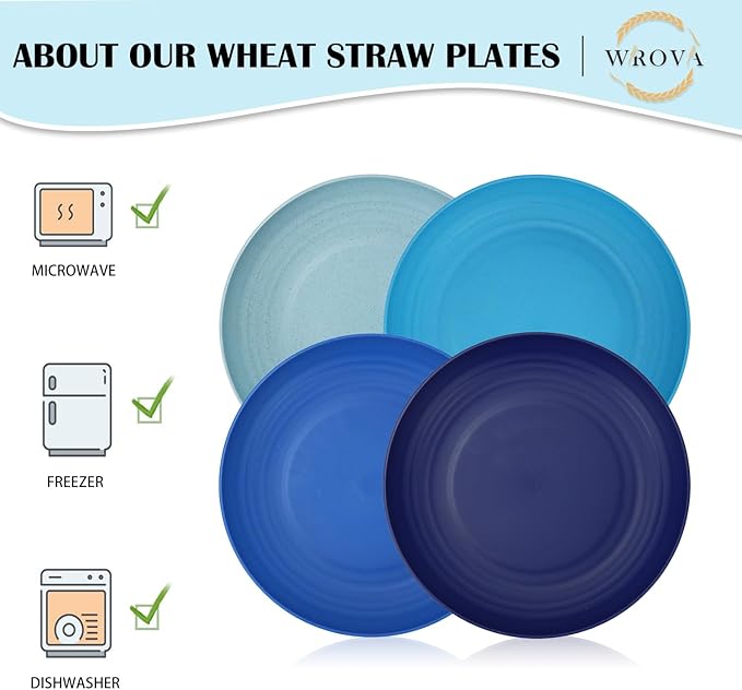 Wrova Wheat Straw Plates - 10 Inch Unbreakable Dinner Plates Set of 8 - Dishwasher & Microwave Safe Plastic Plates Reusable - Lightweight Plates for kitchen,camping (Ocean Series)