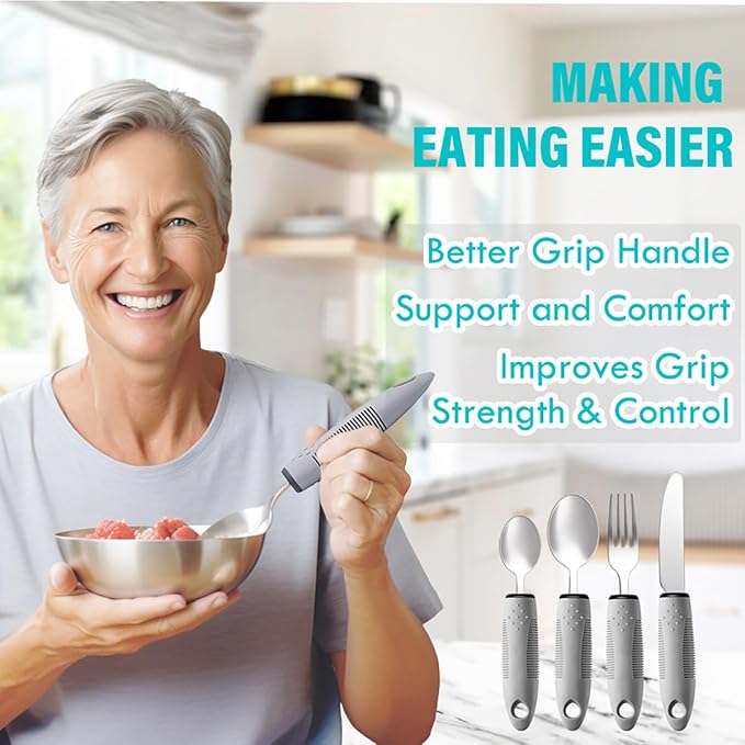 Adaptive Utensils 4pcs For Hand Tremors,Elderly, Arthritis,Parkinsons-Built Up Utensils For Adults 2.5oz Each, Silverware Set With Handle, Flatware Cutlery Set For Seniors