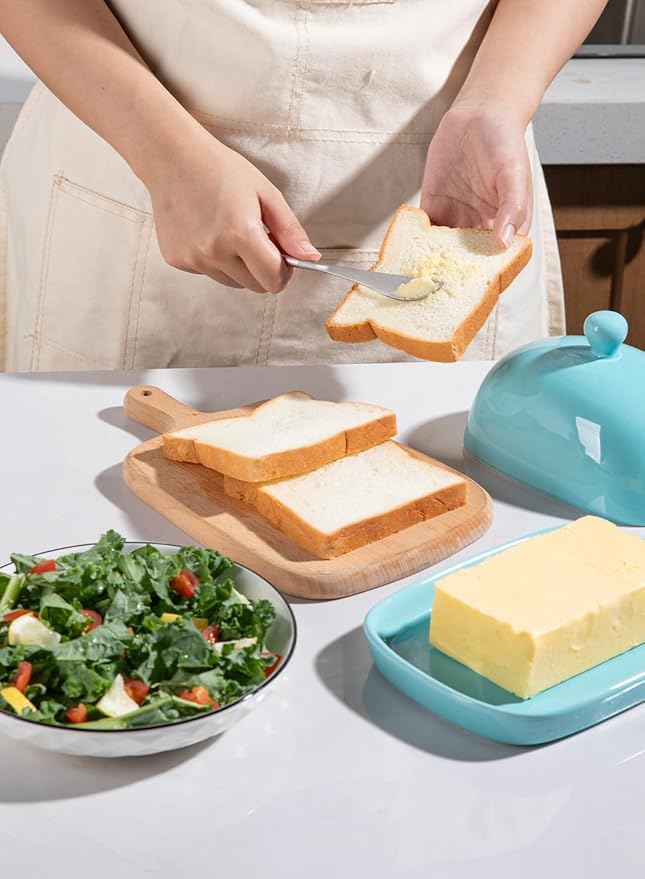 Sweejar Ceramic Butter Dish with Lid for Countertop,Porcelain Butter Keeper with Knob Handle,Butter Container for East/West Coast Butter, 7.3*4.1 inches (Turquoise)