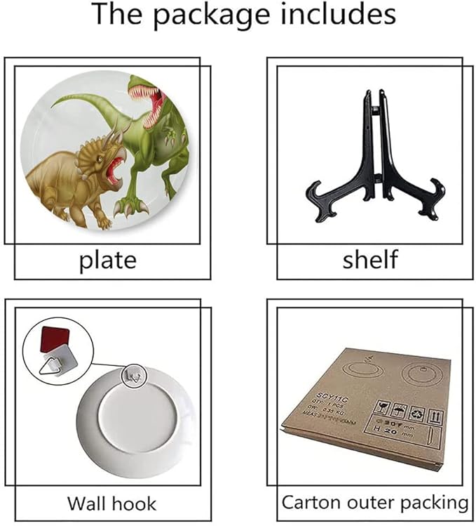 Decorative Plates, Dinosaur Print Ornament, Rex Versus Triceratops Scaring Each Other, 7 Inch, 1 Plate with 1 Display Stand, Green Pink Pale Brown