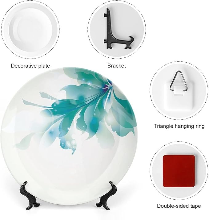 Ceramic Display Plate, Abstract Decor Ceramic Hanging Decorative Plate, Big Single Beautiful Blue Ombre Flowers, 7 Inch, Living Room Kitchen Decoration Household, White Light Blue and Blue