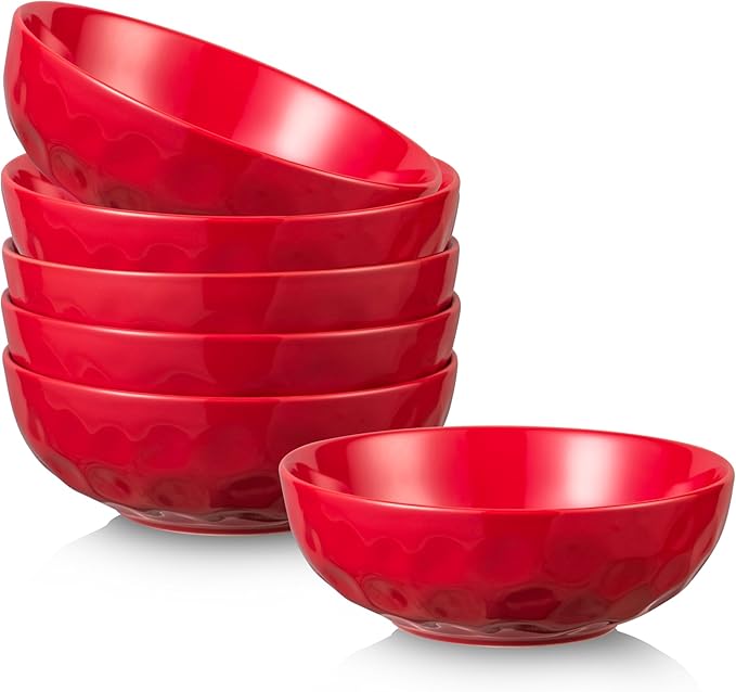 vicrays Ceramic Salad Bowls Set for Kitchen, Serving - 32 Ounce Soup Bowls, Pasta Bowls, Chip Resistant, Dishwasher Microwave Safe, Large, Fluted, stoneware, Set of 6 Red