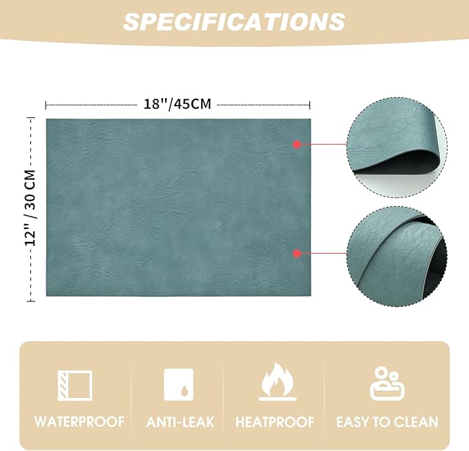 Artoid Mode Blue Faux Leather Placemats Set of 4, 12x18 Inch Waterproof Wipeable Heat Resistant Vinyl Place Mats, Reversible Table Mats for Winter Kitchen Dining Decor