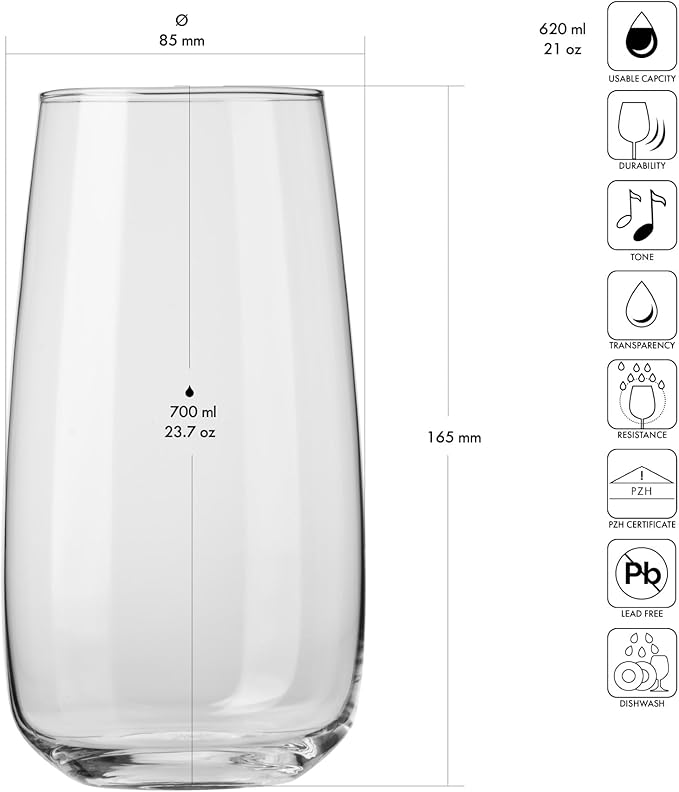 Krosno glasses for water, juices,lemonade, iced tea Elegant design | Set of 6 | Capacity 23.7 Fl Oz | Modern collection | Ideal for home, restaurant, parties | Dishwasher safe