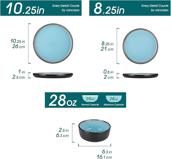 vancasso Plates and Bowls Sets, 24 Pieces Stoneware Dinnerware Sets for 8, Kitchen Dish Set Mircowave and Dishwasher Safe Dinner Set Ceramic Dishware, Sky Blue, Series AMBER