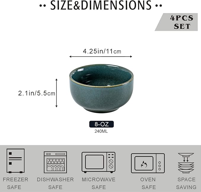UNICASA Ceramic Small Bowls Set of 4, Porcelain Reactive Glaze Rice & Dessert Bowls, 8 OZ Each - Dishwasher & Microwave Safe (Teal)