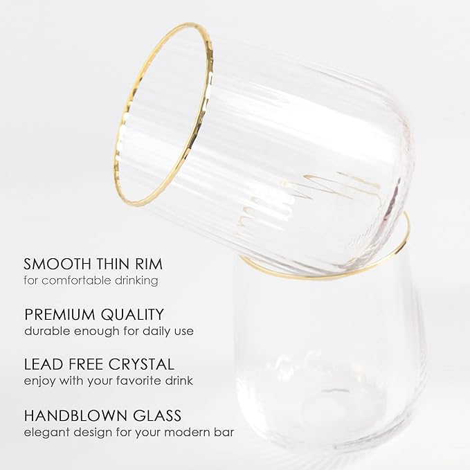Lysenn Stemless Wine Glasses Set of 4 - Premium Hand Blown Drinking Glasses for White and Red Wine - Elegant Vertical Stripe and Gold Rim Design - Clear 15oz