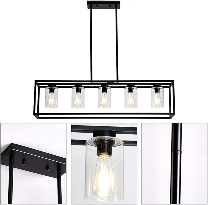 XILICON Dining Room Lighting Fixture Hanging Farmhouse Black 5 Light Modern Pendant Lighting Contemporary Chandeliers with Glass Shade for Living Dining Room Bedroom Kitchen Island
