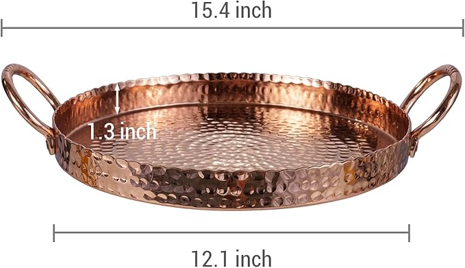 MyGift 12 Inch Copper Tone Metal Round Display Tray with Handcrafted Hammered Design, Decorative Tabletop Centerpiece Base or Serving Platter - Handmade in India