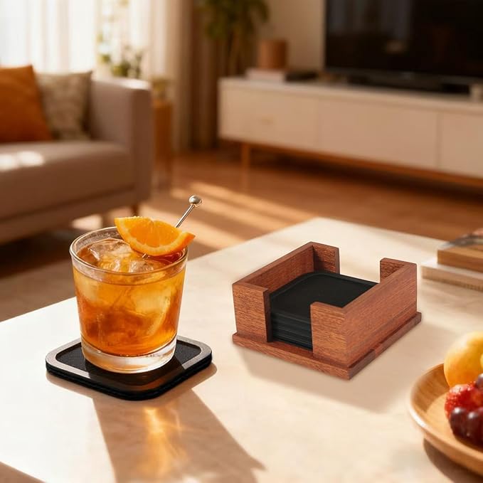 Lexenic Sleek Absorbent Coasters for Drinks with Solid Acacia Wood Holder, Silicone Cup Mat with Removable Felt Insert, Non-Slip, Non-Stick, Gift for Coffee Table Kitchen Decor, 6PCS (Black)