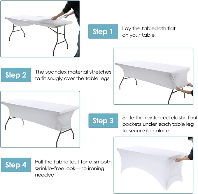 VidaFete Spandex Tablecloth 2 Pack 4FT, Fitted Stretch Table Cover for Rectangle Tables, Wrinkle Resistant and Washable Tablecloths for Outdoor, Picnic, Party, Wedding, Banquet, Birthday, White