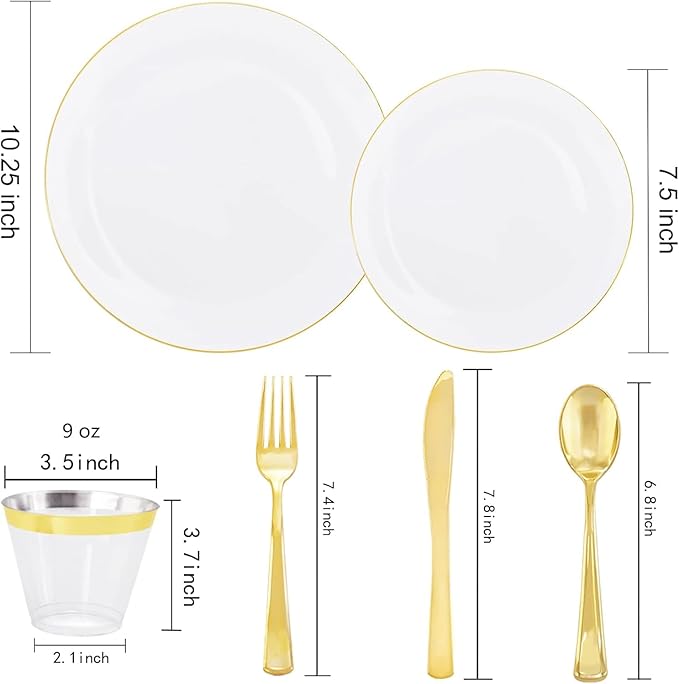 Rubtlamp 140Pcs Gold Plastic Plates, White Plates with Gold Rim, Disposable Dinnerware Include 20Dinner Platos,20Dessert Platos,20Pre Rolled Napkins with Cutlery,20 Cups