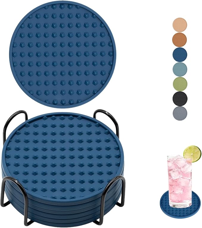Set of 6 Silicone Coasters, 4'' Drink Coaster with Holder, Round Coasters for Drinks Beer Coffee Home Office Bar Desk Tabletop Protection, Non-Slip Rubber Coaster (Navy Blue, 6 Pcs-Metal Holder)