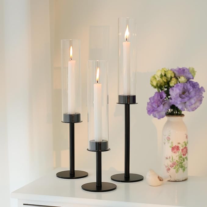 Hurricane Candle Holders Metal Candlestick Holder for Glass Taper Tall Candle Holders with Crystal Chimney Tube Candles Stands for Home Decor, Christmas, Dinning (18, Black)