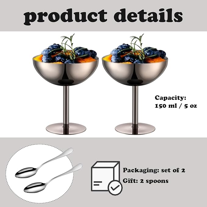 Ice Cream Bowls Stainless Steel Dessert Cups with Spoons Reusable Footed Sundae Cups Ice Cream Cups for Dessert, Frozen Yogurt, Gelato, Birthday Party Decorations (2, Black)