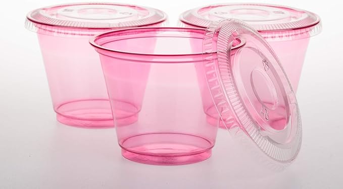 Golden Apple, 9oz-50sets Pink Red Plastic Cups with Clear Flat no Hole lids…