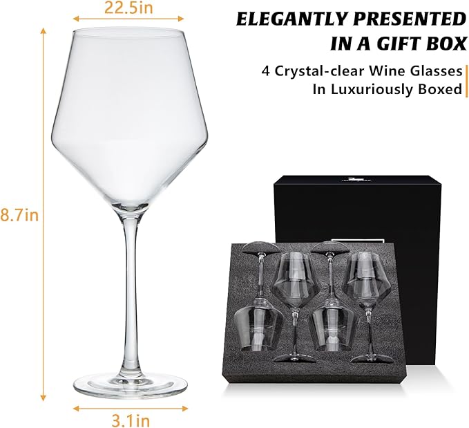 Red Wine Glasses Set of 4, Long Stem Crystal Wine Glasses, Burgundy Wine Glasses in Gift Box, Large Wine Glasses With Stem for Any Occasions-16 oz