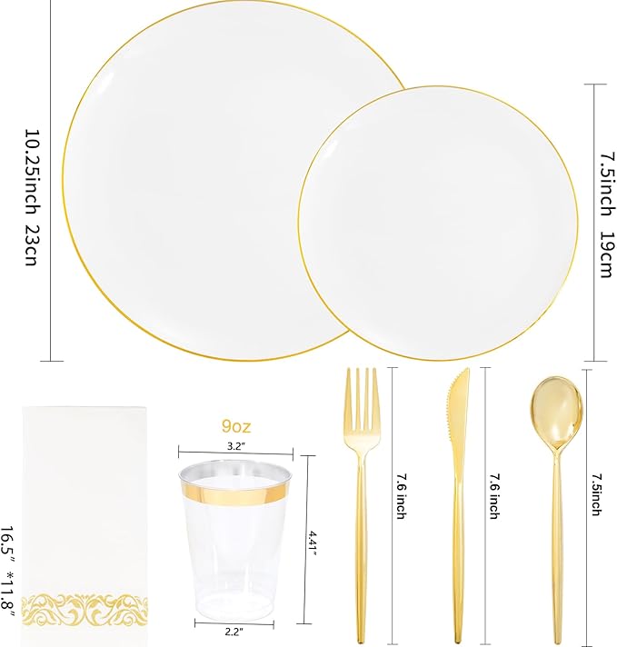 MirthMood 210Pcs Disposable Plastic Plates Set, Gold and White Plastic Party Plates, Includes:30 Dinner Plates, 30 Dessert Dinnerware, 30 Cups, 30 Napkin Cutlery for Spring Wedding,Birthday Party