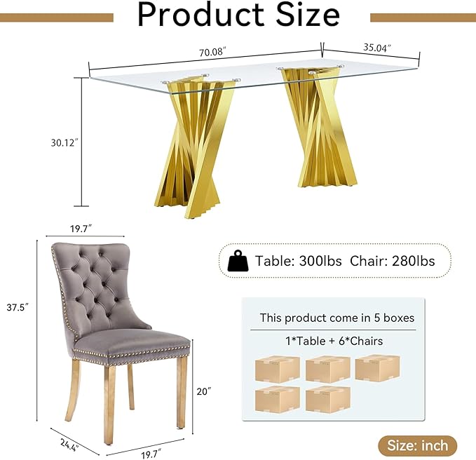 7 Piece Glass Dining Table Set,70" Dinner Room Glass Table Set for 6,Modern Kitchen Dinner Table Set with Stainless Steel Base and 6 Upholstered Velvet Dining Chairs for Living Dining Room